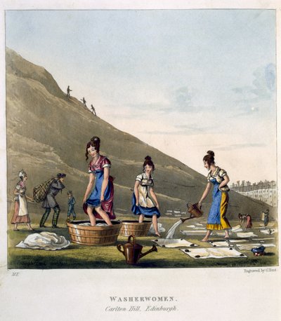 Washerwomen ، كالتون هيل ، إدنبرة ، من `` Airy Nothings ، أو قصاصات ونفايات وسراويل غريبة ، في قفزة دائرية ، خطوة ، والقفز ، من قبل Olio Rigmaroll &39;، منقوش بواسطة جورج هانت ، نشر عام 1825 بواسطة مايكل إيجرتون